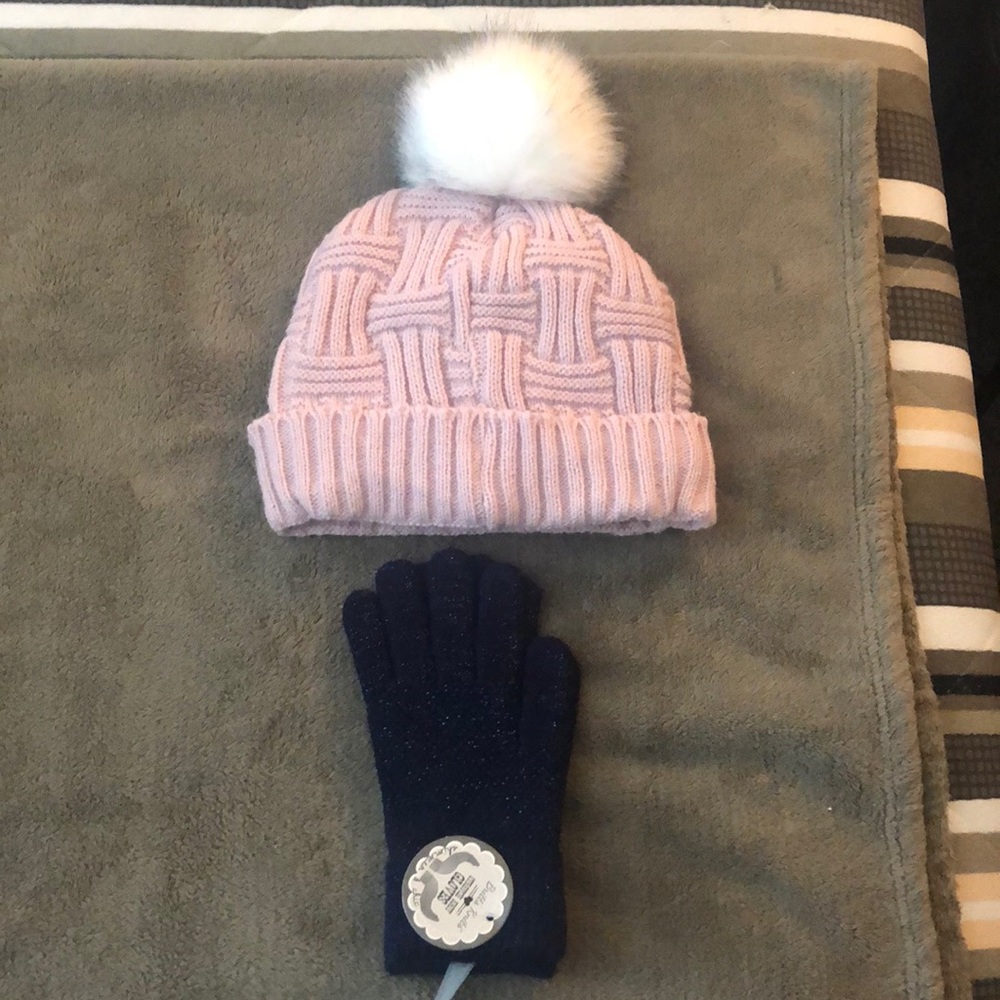 Pink Beanie with Pom & Blue Gloves